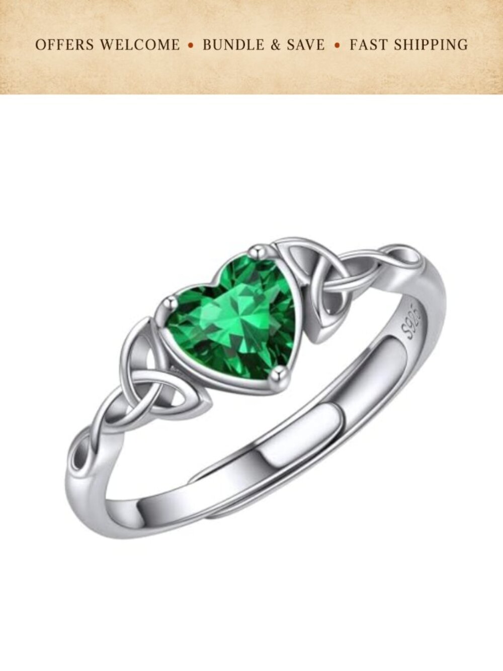 925 Sterling Silver Celtic Knot Heart Birthstone Promise Ring Adjustable